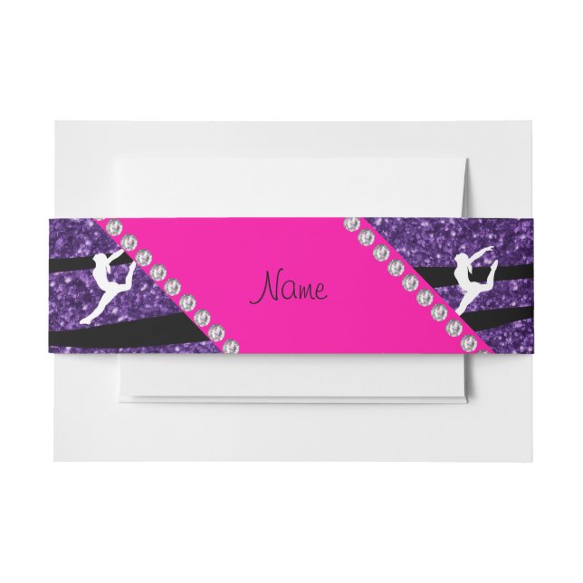 Name gymnast purple glitter zebra stripes invitation belly band (Front Example)