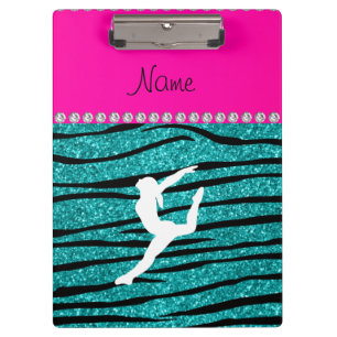 Name gymnast turquoise glitter zebra stripes clipboard