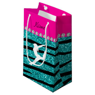 Name gymnast turquoise glitter zebra stripes small gift bag