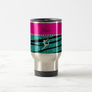 Name gymnast turquoise glitter zebra stripes travel mug