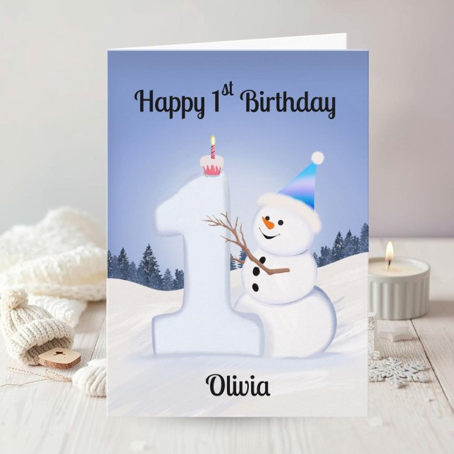 Name Happy 1st Birthday Snowman Building One Card (Creator Uploaded)
