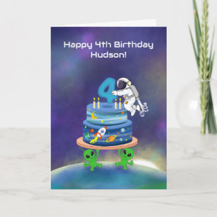 Name Happy 4th Birthday Astronaut with Cake Card