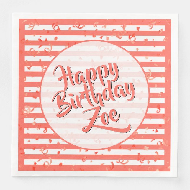 Name Happy Birthday Coral Simple Stripes Pattern Napkin (Front)