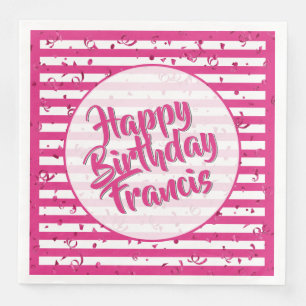 Name Happy Birthday Fuchsia/White Stripes Pattern Napkin