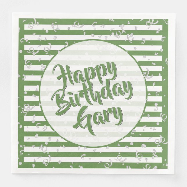 Name Happy Birthday Green Simple Stripes Pattern Napkin (Front)