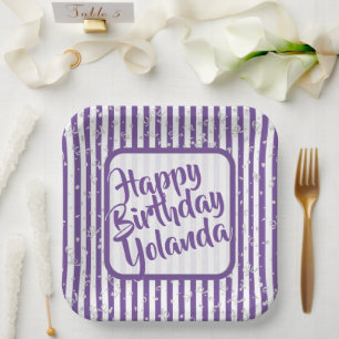 Name Happy Birthday Purple Simple Stripes Pattern Paper Plate