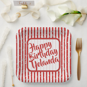 Name Happy Birthday Red Simple Stripes Pattern Paper Plate