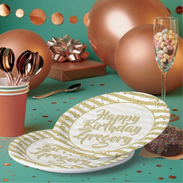 Name | Happy Birthday Simple Stripes Pattern Gold Paper Plate (Multi)