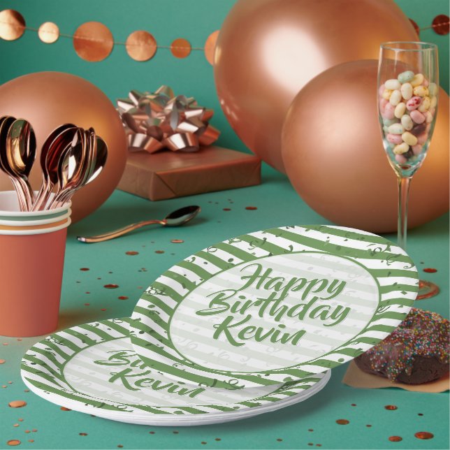 Name | Happy Birthday Simple Stripes Pattern Green Paper Plate (Multi)