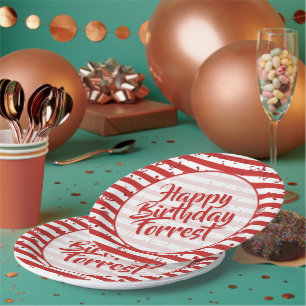 Name Happy Birthday Simple Stripes Pattern Red Paper Plate