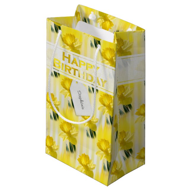 Name "Happy Birthday" Yellow Daffodils Photography Small Gift Bag (Front Angled)