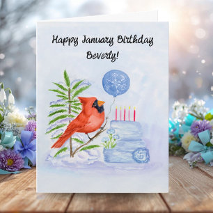 Name Happy January Birthday Cardinal with Cake Card