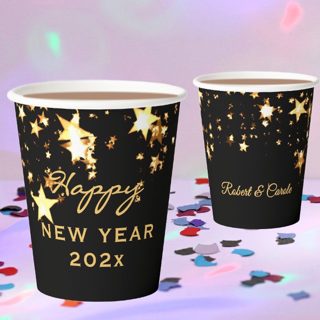 Name, Happy New Year Black & Gold 8oz or 12oz Paper Cups (Creator Uploaded)