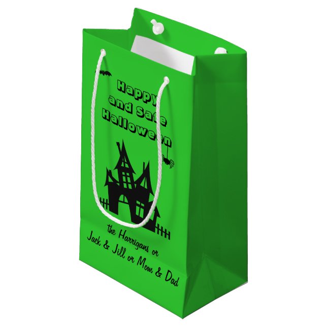 Name, Haunted House Halloween Lime Green Small Gift Bag (Front Angled)