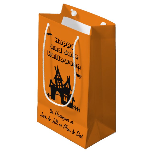 Name Haunted House Halloween Orange Small Gift Bag (Front Angled)