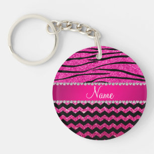 Name hot pink chevrons zebra stripes keychain