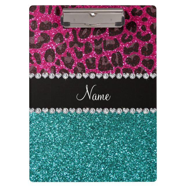 Name hot pink glitter leopard turquoise glitter clipboard (Front)