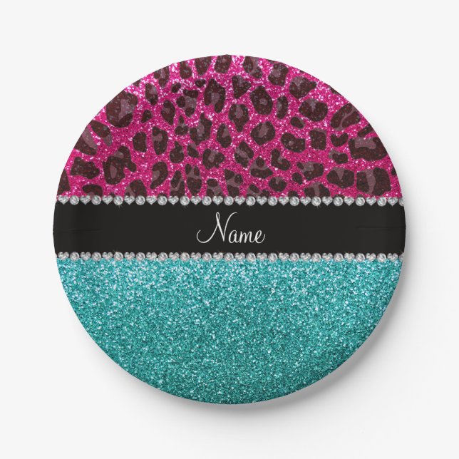Name hot pink glitter leopard turquoise glitter paper plate (Front)