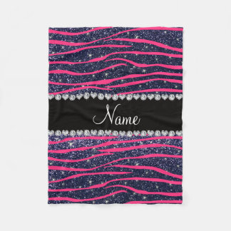 Name hot pink zebra stripes navy blue glitter fleece blanket