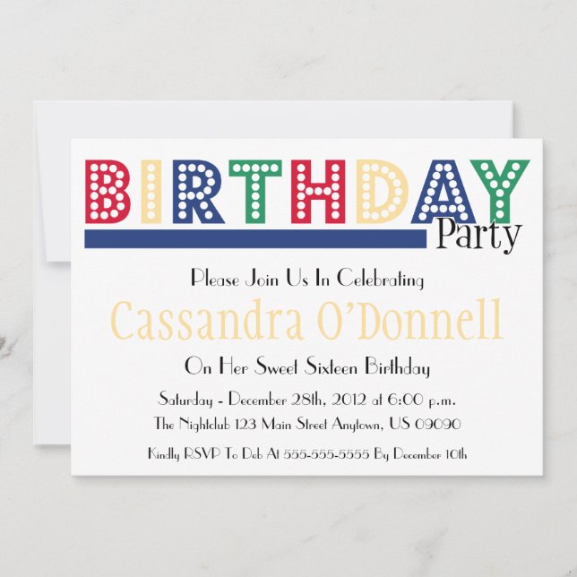 Name In Lights Birthday Party Invitations (Blue) (Front)