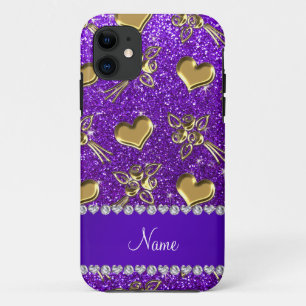 Name indigo purple glitter gold roses hearts iPhone 11 case