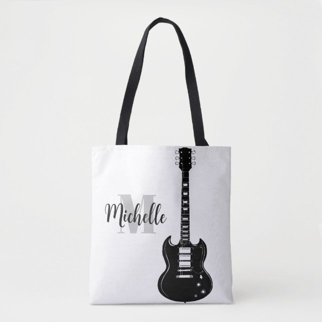 name, initial & black treble clef music tote bag (Front)