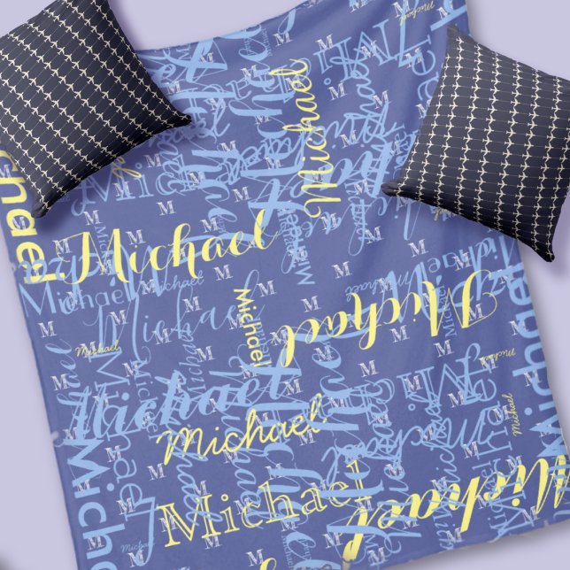 Name + Initial blue boys pattern Fleece Blanket (Creator Uploaded)