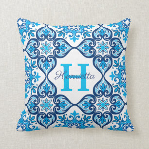 💙🤍 Name + initial blue - white Azulejos X, Throw Pillow