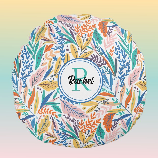 Name & Initial Botanical Pattern Meditation Round Pillow (Creator Uploaded)
