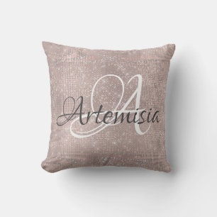 Name Initial Grey Rose Gold Grey Spark Brushed Throw Pillow