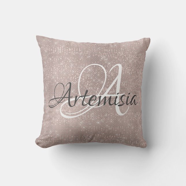 Name Initial Grey Rose Gold Grey Spark Brushed Throw Pillow (Front)