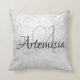 Name Initial Grey Silver White Sparkle Girly Sweet Throw Pillow