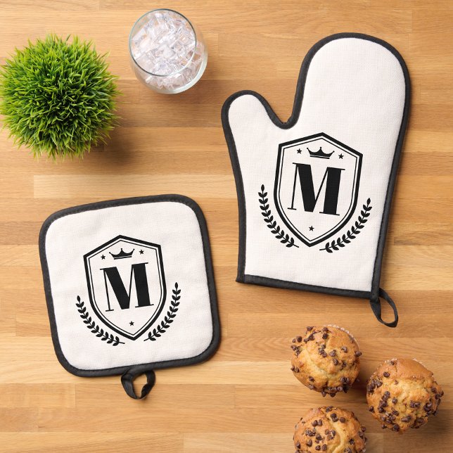 Name Initial Letter | Monogram Laurel Wreath Badge Oven Mitt & Pot Holder Set (Creator Uploaded)
