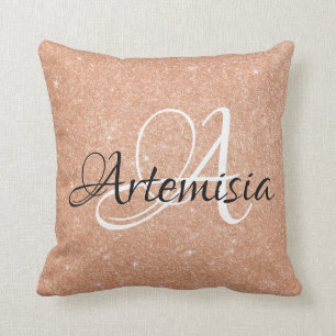 Name Initial Peach Rose White Sparkle Girly Sweet Throw Pillow