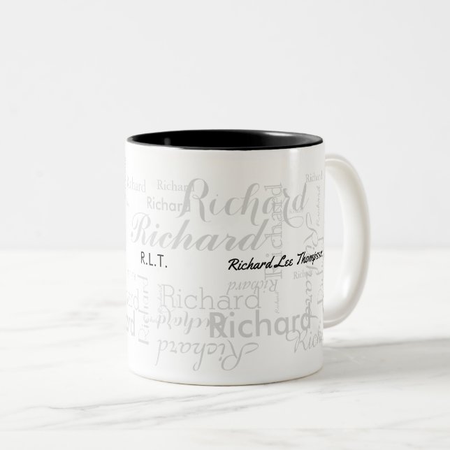 name & initials typography modern style b/w Two-Tone coffee mug (Front Right)