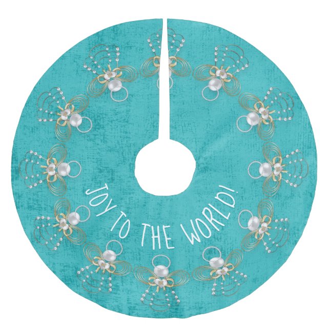 Name: 'Joy to the World' Christmas Angel Aqua Brushed Polyester Tree Skirt (Front)