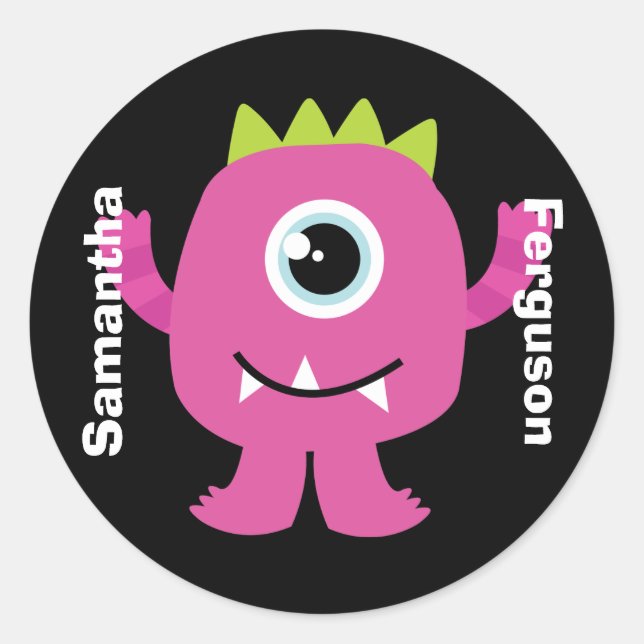 Name Label/Sticker - Pink Monster Design Classic Round Sticker (Front)