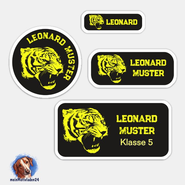 Name labels set - Tiger - yellow black - 24 (24 verschiedene Namensaufkleber für Kinder - Motiv: Tiger - schwarz gelb)