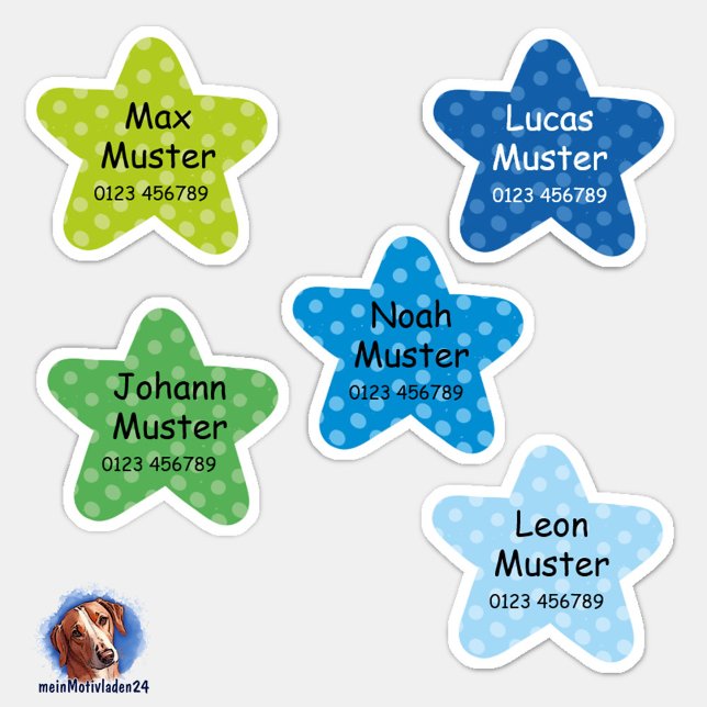 Name labels Small stars 2 | Form - sticker (Konturgeschnittene Namensaufkleber für Kinder - Kleine Sterne  - in blau und grün, personalisierbar )