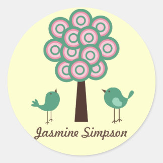 Name Labels/Stickers Two Green Birds Classic Round Sticker