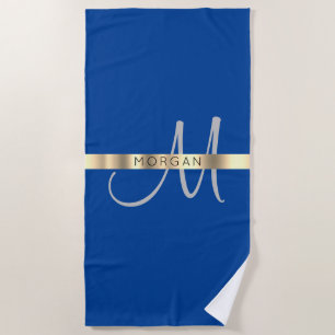 Name & Large Monogram, Grey Deep Blue & Gold Beach Towel