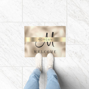 Name & Large Monogram, Message, Black Text, Gold D Doormat