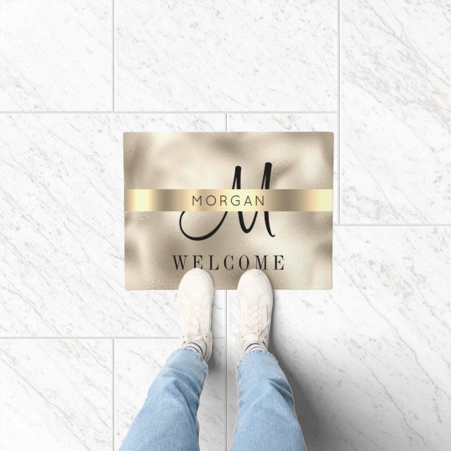 Name & Large Monogram, Message, Black Text, Gold Doormat (Indoor)