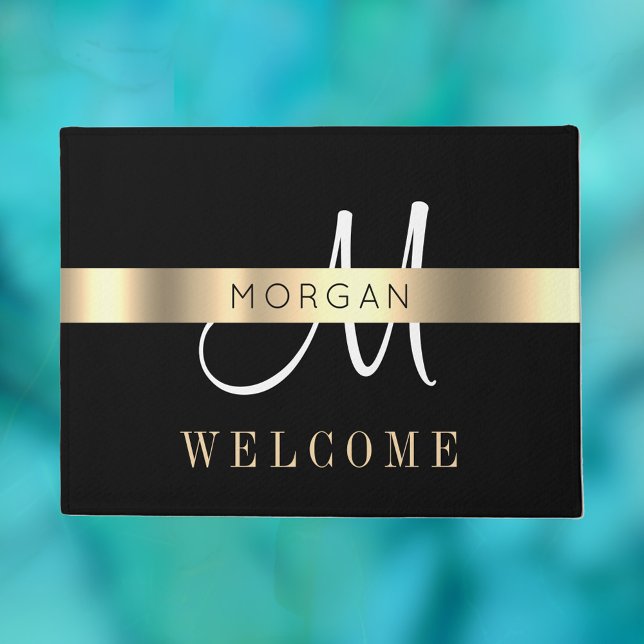 Name & Large Monogram, Message, Black White Gold Doormat (Creator Uploaded)