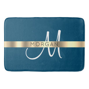 Name & Large Monogram, Ocean Blue Black Gold Bath Mat