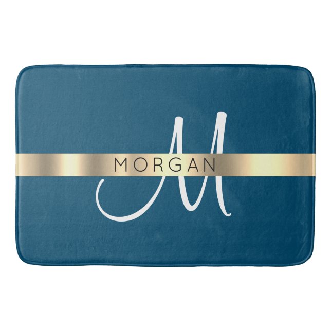 Name & Large Monogram, Ocean Blue Black Gold Bath Mat (Front)