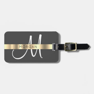 Name & Large Monogram, White Black Gold Dark Grey Luggage Tag