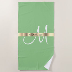 Name & Large Monogram, White Sage & Gold Beach Towel