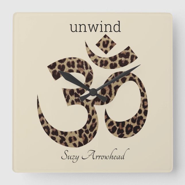 Name, Leopard Print, Om Symbol, 10.75-in Square Wall Clock (Front)