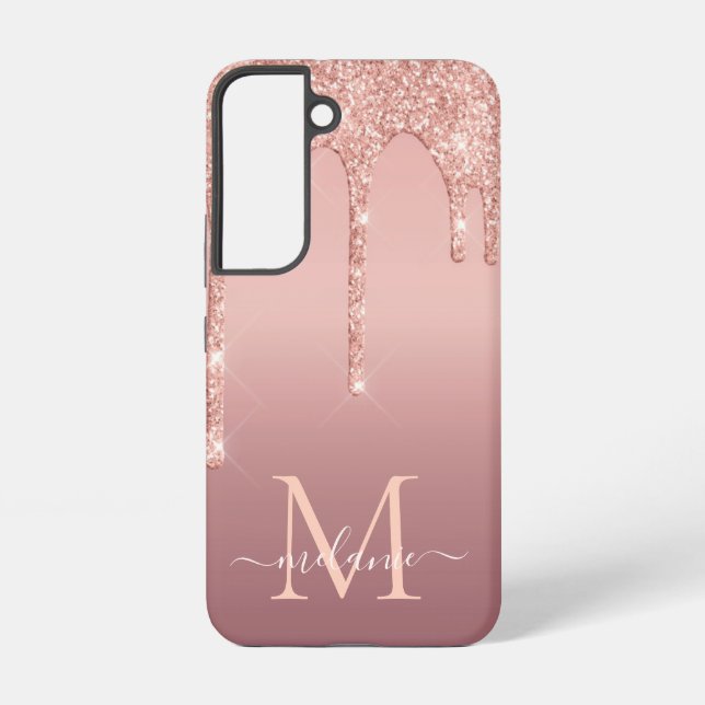 Name Letter Personalized Rose Blush Glitter Drips Samsung Galaxy S22 Case (Back)
